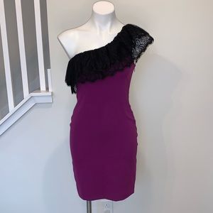 Jay Godfrey Purple Black Lace One Shoulder Bodycon Mini Party Cocktail Dress